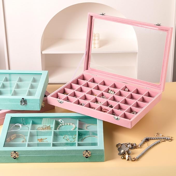 Frebeauty Velvet Jewelry Tray,35 Grid Jewelry Organizer with Clear Lid,Earring Holder Organizer Case with Clasp,Drawer Insert for Rings Studs,13.8 x 9.5 x 2 Inches,Gift for Women Girls(Pink)
