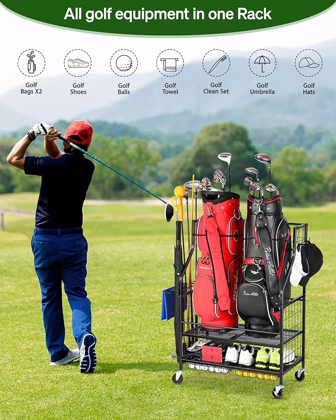 Golf Bag Storage Garage Organizer - Golf Bag Stand Fit for 2 Bag, Extra Clubs, Balls, Shoes, and Golf Equipment Accessories, Golf Storage Rack for Garage, Club, Shed