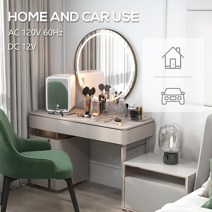HOMCOM Mini Fridge for Bedroom or Car with Dimmable LED Mirror (10L/8 Can), Cooler and Warmer, Portable Skincare Fridge, AC/DC Powered Small Refrigerator for Skincare, Beverage, Food, Cosmetics, White