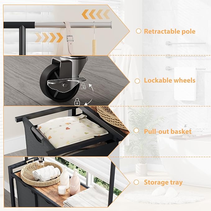 GarveeHome Rolling Laundry Cart with Hanging Rack & Utility Shelf | 3-Section Laundry Sorter Hamper with Lockable Wheels | Laundry Basket Organizer for Laundry Room, Bedroom, Bathroom | Black