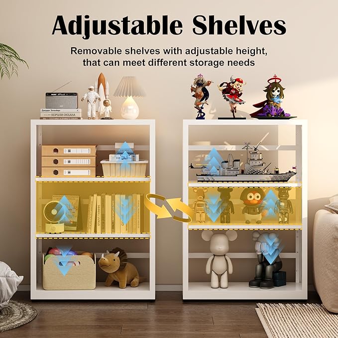 3 Tier Bookcase,Industrial Bookshelf,34" White Metal Small Bookshelf with Adjustable Feet and Adjustable Shelves,Home Office Bookcase Shelf Storage Organizer for Living Room Kitchen