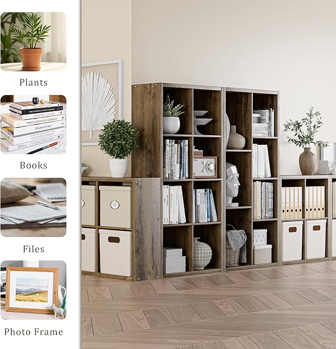 Cube Storage Organizer Bookcase, Decorative 11 inch Open Back Cubical Shelf with Thickened Border, Display Bookshelf for Living Room, Home Office, Sturdy Room (Brown, 8 Cube)