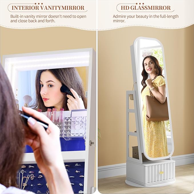 61" Full Length Mirror Jewelry Cabinet with Storage – Rotating, Lockable Jewelry Armoire with Velvet Lining, Standing Organizer for Women – Ideal Gift for Jewelry Storage & Display, White