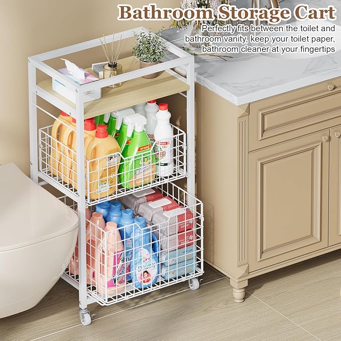 3 Tier Laundry Room Cart with Pull-Out Baskets, Utility Cart Rolling Storage Cart with Wheels Bathroom Organizers Storage Shelf with Wood Top Laundry Room Organization and Storage, White