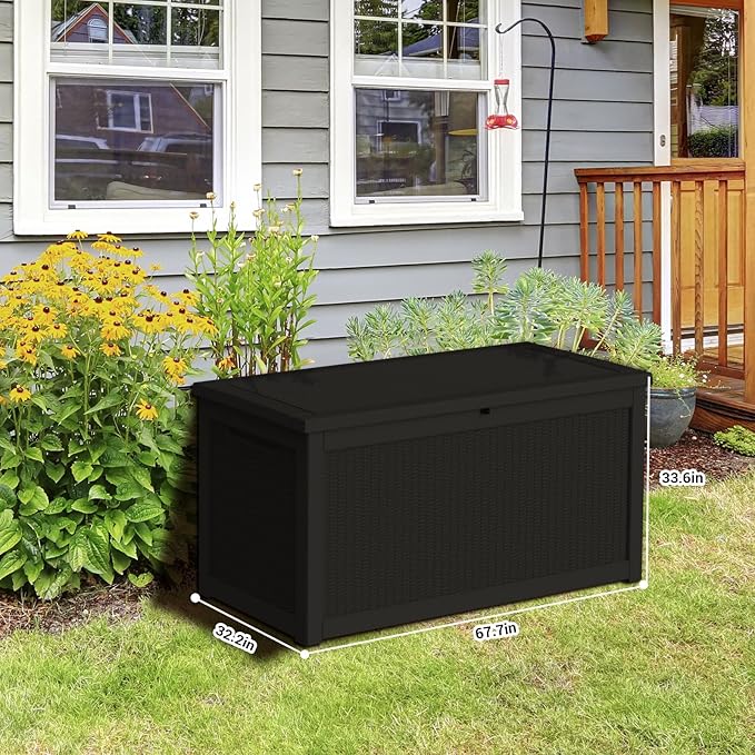 DRATO 320 Gallon Deck Box, Outdoor Large Waterproof Resin Storage Box with Lockable Lid for Patio Cushions, Gardening Tools （Black，320 Gallon）