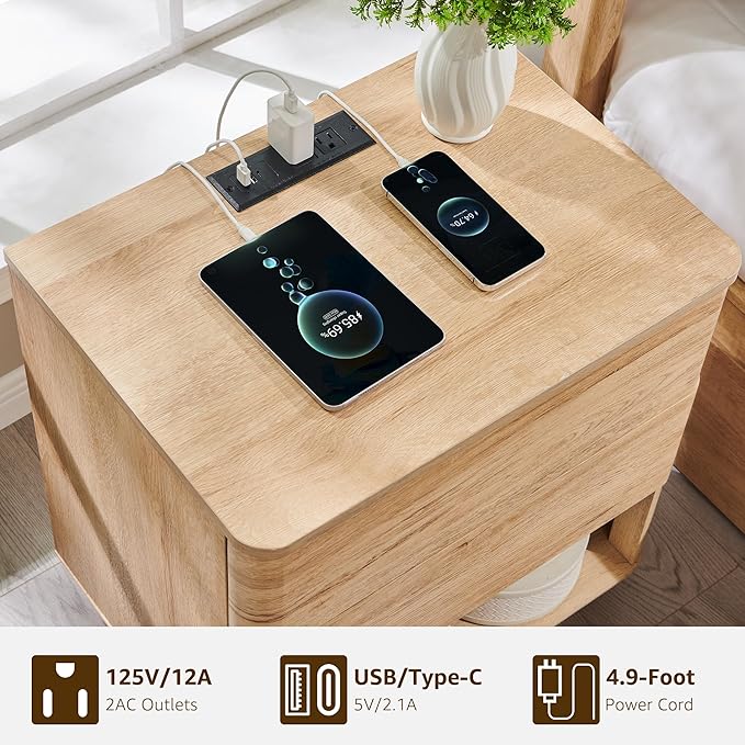 ACCOHOHO Nightstand with Charging Station, 22" Push-to-Open Bedside Table with 2 Storage Drawers, Large Modern End Table for Bedroom,Living Room,Natural Oak