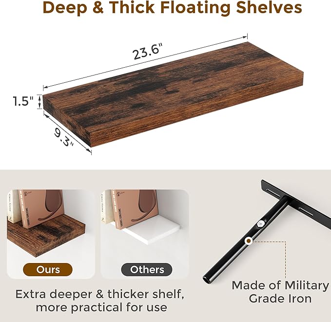 24 Inch Floating Shelves for Wall 2 Pack for Bedroom|Kitchen|Bathroom, Wall Mounted Rustic Wood Shelves, 9.3 Inch deep Floating Shelf with Invisible Brackets for Books|Storage|Decor,Rustic Brown