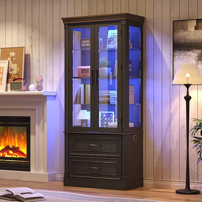 St.Mandyu 71" Tall Display Cabinet with Glass Doors, Curio Case with LED Sensor Lights and 2 Storage Drawers for Living Room, Home, Kitchen, Black