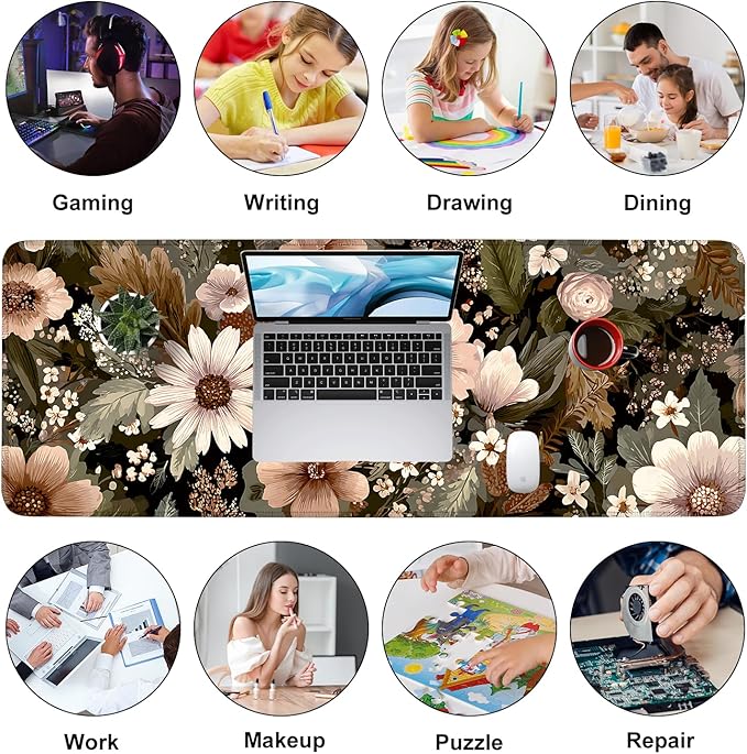 Vintage Beige Floral Mouse Pad – Large Extended Desk Mat 31.5 x 11.8 in– Neutral Retro Botanical Design, Non-Slip Rubber Base, Waterproof Surface, Oversized Keyboard & Mouse Pad for Office or Home