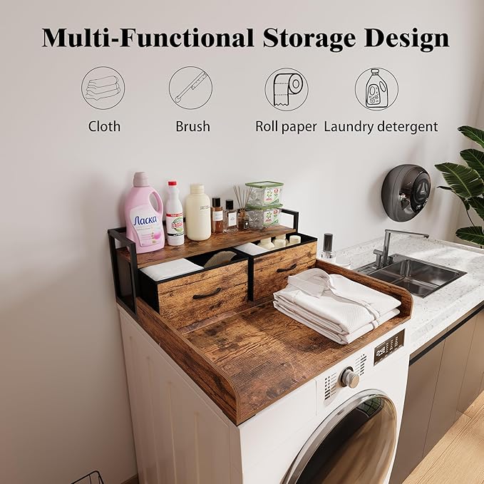 2-Tier Washer Dryer Countertop single with shelf and fabirc drawer,laundry topper with Edge and Non-Slip Pad for Washer Dryer Laundry Hamper Counter Storage Organization (rustic brown, single)