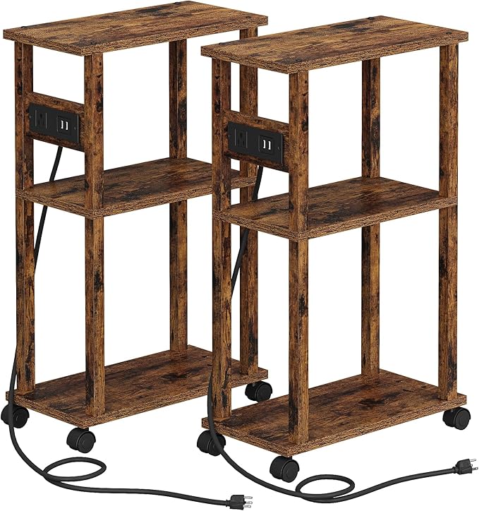 TUTOTAK Small Narrow Side Table with Charging Station, Skinny End Table for Small Spaces, Slim Nightstand with USB Ports and Outlet, Sofa Beside Table with Wheels, Rustic Brown TB01BB047C