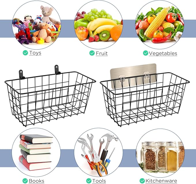 4 Pack Hanging Wall Basket Wire Storage Baskets, Adhesive Basket for Cabinet Door Organizer(2 Wall Mounting Options), Hanging Fruit Baskets for Kitchen, Pantry Organization, Bathroom, Black