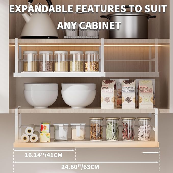 Finnhomy 2 Pack Under Cabinet Organizer, Pantry Organizers and Storage, Under Shelf Basket, Pantry Organization, Expand between16.14”-24.8”, Light Gray
