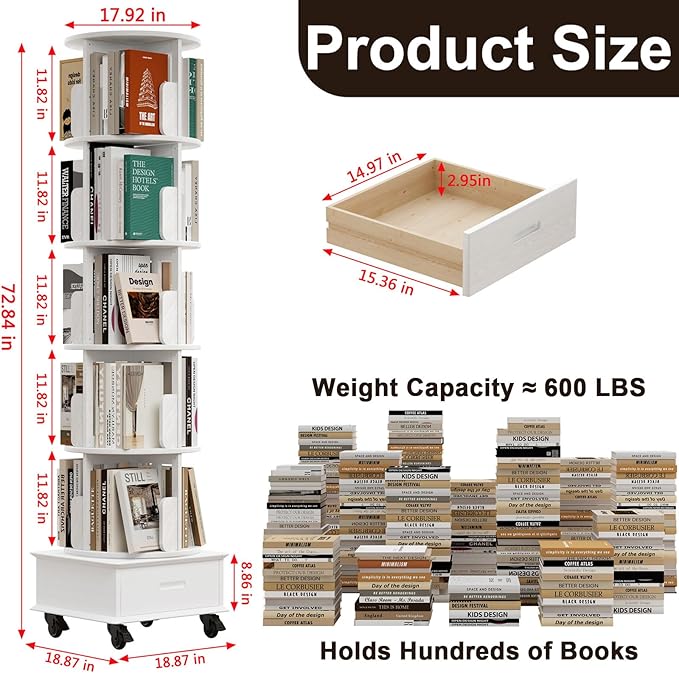 72" Solid Wood Rotating Bookshelf Tower on Wheels, 5-Tier Spinning Bookcase with Drawer, Floor Standing Revolving Bookshelf, Rotating Bookcase for Small Space, Walnut