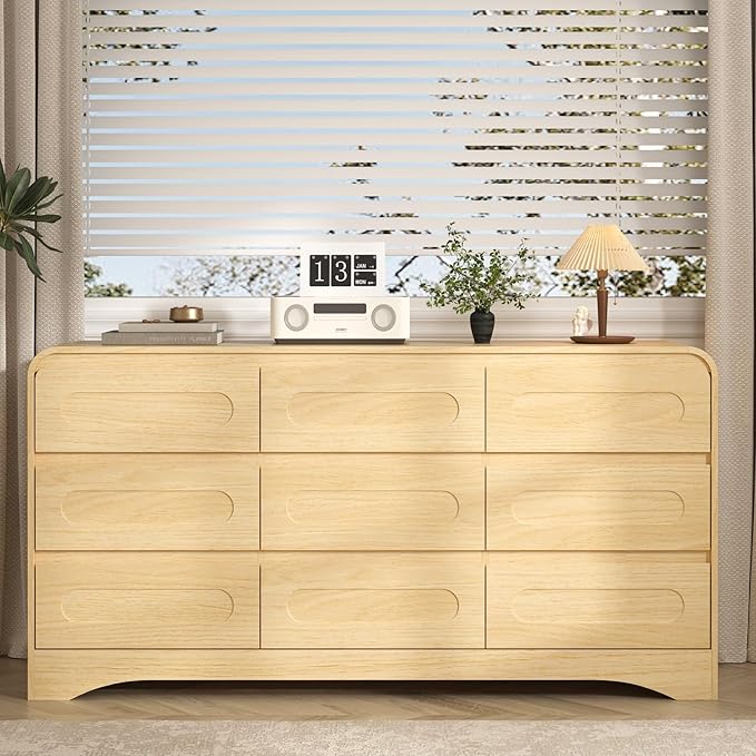 Dresser for Bedroom with 9 Drawers, 63" Large Modern Dressers & Chest of Drawers with Curved Profile Design, Wood Closet Clothes Storage Long Dressers Organizer for Bedroom Living Room Hallway, Oak