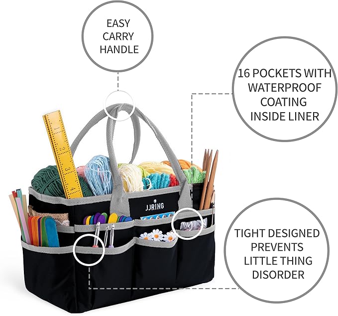 Jjring Craft and Art Organizer Tote Bag - 600D Silver Nylon Fabric Art Caddy with Pockets - for Art, Craft, Sewing, Medical, and Office Supplies Storage