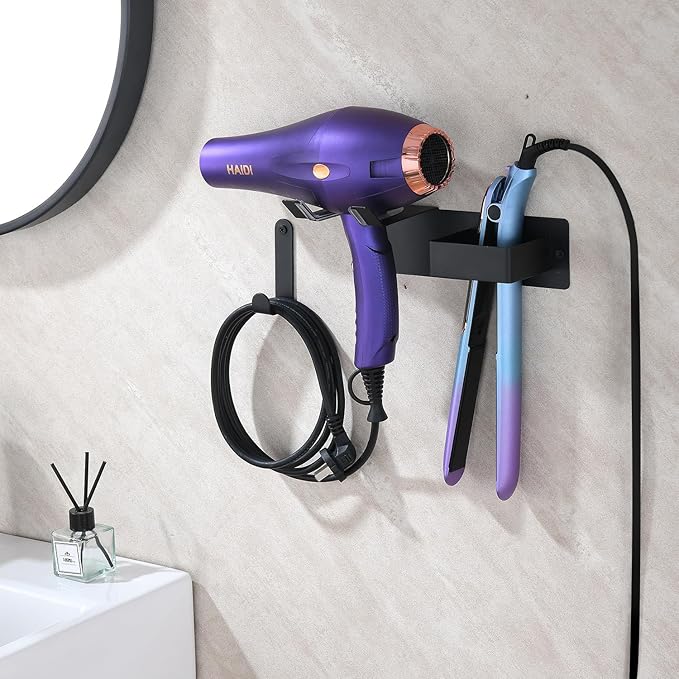 Hair Dryer and Straightener Holder, Upgraded Hair Straightener Holder with Cable Hook, Stainless Steel Universal Hairdryer Holder Wall Mounted Waterproof for Bathroom Space-Saving Black PTALSEAW