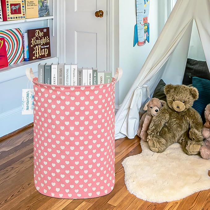 LANGYASHAN Laundry Basket Canvas Fabric Collapsible Organizer Basket for Storage Bin Toy Bins Gift Baskets Bedroom Clothes Children Nursery Hamper (pink heart)