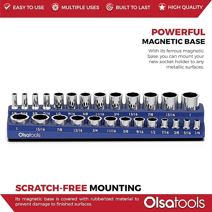 Olsa Tools Magnetic Socket Organizer | 3/8-inch Drive | SAE Blue | Holds 26 Sockets | Professional Quality Tools Organizer