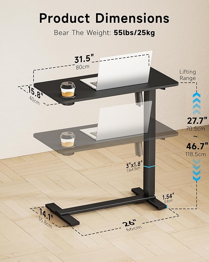 BIZUM Small Electric Standing Desk Bedside Table with Hidden Wheels 31.5 x 15.8 Inch Adjustable Computer Laptop Office Desk, Black