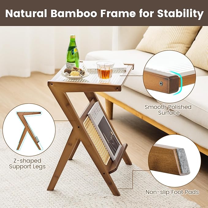 GOFLAME Rattan Side Table, Z-Shaped End Table with Tempered Glass Top, Magazine Rack, Boho Night Stand, Small Coffee Table, Bamboo Accent Bedside Table for Living Room, Bedroom, Walnut
