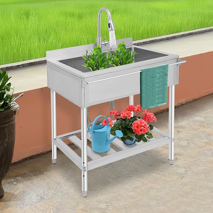 Stainless Steel Utility Sink, Free Standing Single Bowl Kitchen Sink with Pull-Out Cold/Hot Faucet, Storage Shelf & Splashback, Large Utility Sinks for Laundry, Garage 30.7"D x 22"W x 40.3"H Silver