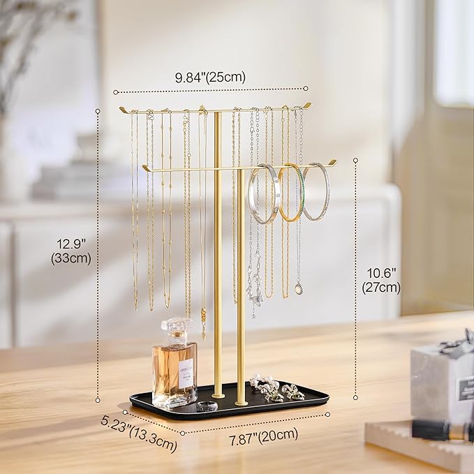 pickpiff Necklace Holder Jewelry Organizer Stand – 2‑Tier T‑Bar Jewelry Display Tree with Tray for Countertop Necklace Bracelet Earring Storage, Vanity Dresser Bathroom Sink, Black-Gold