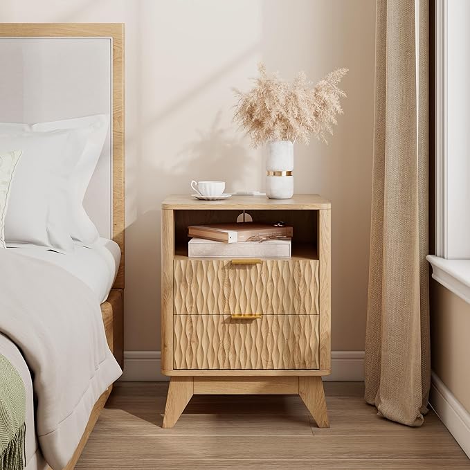 Fluted Nightstand with Charging Station, 18" Modern End Table with Storage Drawers, Bedside Table for Bedroom, Natural Oak(2 Piece)