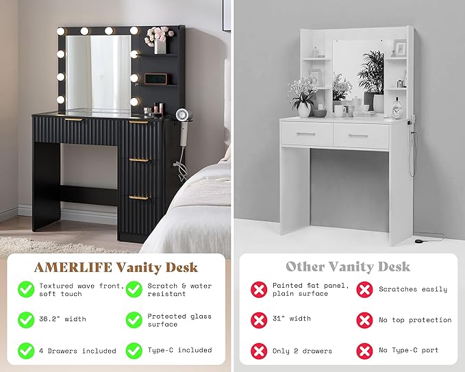 AMERLIFE 36.2" Fluted Vanity Desk with Mirror and Adjustable LED Lights, Large 4 Drawers Makeup Table with Glass Top and Charging Station for Women and Girls, Bedroom or Dorm, Black