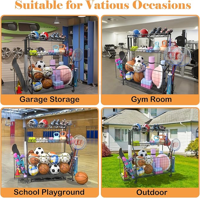 Sports Equipment Organizer, Garage Ball Storage Racks - Outdoor Toy Storage with 2 Side Racks & Removable Baskets, Heavy-Duty Garage Rolling Ball Cart with Wheels, Hooks for Sports Gear, Toys