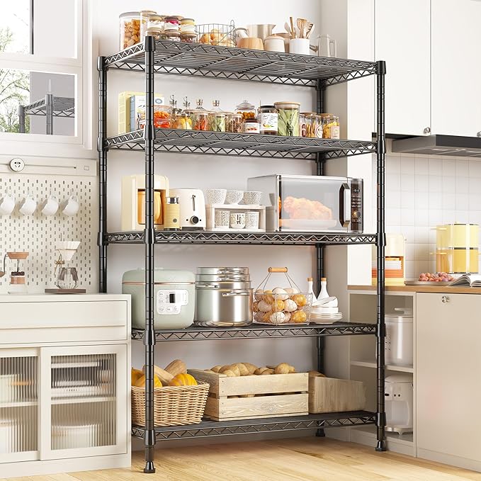 REIBII Storage Shelves, 5-Tire Wire Shelving Load 1000LBS Metal Shelves for Storage Adjustable Garage Shelving Unit Wire Shelf Rack Kitchen Storage Rack Pantry Shelves 31.5''W x 15.7'' D x 71''H
