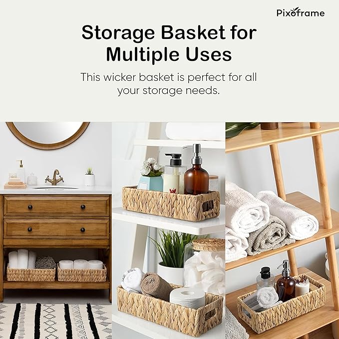 Rectangular Handwoven Wicker Basket - Water Hyacinth Storage Baskets with 2 Thickened Built-In Handles for Store Toilet Papers, Small Plants, Candles etc - 14.25”x6.5”x3.75” - Natural