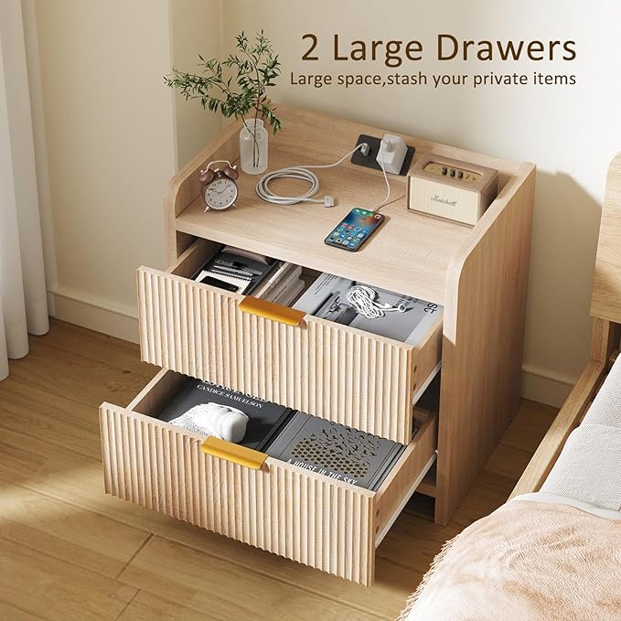 Fluted Nightstand with Charging Station, 23.6" Modern Night Stand with 2 Drawers, Side Table with Storage, Bedside Table for Bedroom, Living Room, Natural Oak