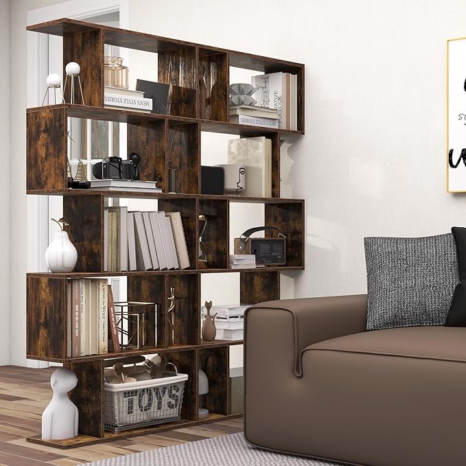 5-Tier Geometric Bookcase Set of 2, 62.5” Freestanding Room Divider Bookshelf with Open Display Shelves & Anti-tip Device, Wood S-Shaped Storage Organizer for Living Room, Bedroom & Home Office