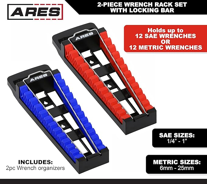 ARES 62043-2-Piece Wrench Rack Set with Locking Bar - SAE Rack Holds 1/4-Inch to 1-Inch Sizes - Metric Holds 6 to 25mm Sizes - Locking Metal Clip Secures Wrenches