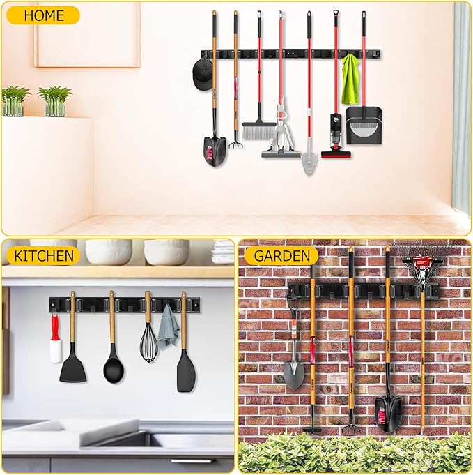 SLIIMU Movable 30'' Broom and Mop Holder Wall Mount with Sliding 7 Racks 8 Hooks, Storage Organizer Wall Hanger, Cleaning Tool Hanging Grippers for Kitchen Bathroom Garden Garage Laundry Home Closet