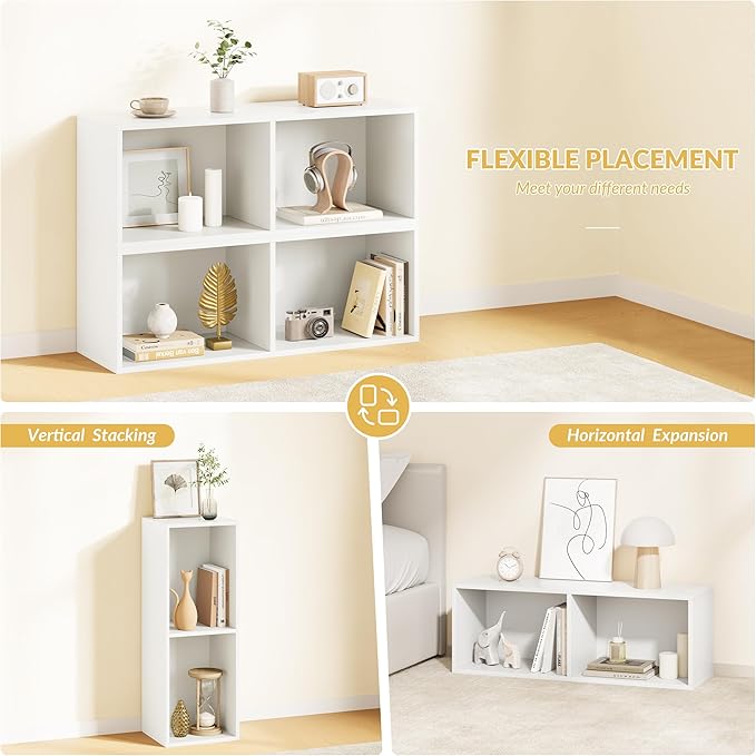 IOTXY DIY Modular Cube Bookcase - CubeXY Customizable Stackable Expandable Basic Shelving Units, 2-Cube Wooden Open Bookshelf for Miscellaneous Storage Organizer, White