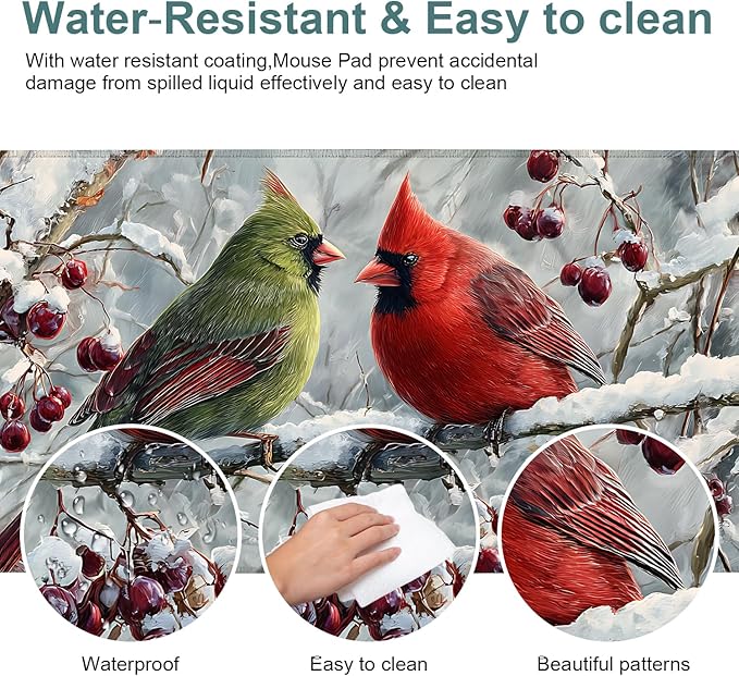 Winter Cardinal Bird Gaming Mouse Pad 35.4"x15.7"Desk Mat Anti-Slip Rubber Base & Durable Stitched Edges for Gamers Smooth Mouse Writing Surface for Desk Office/Home