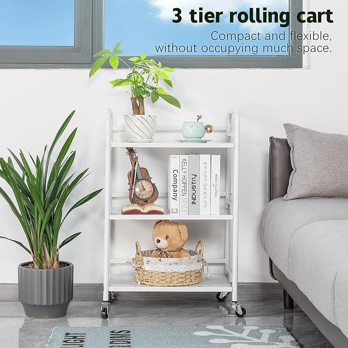HDANI 3 Tier Rolling Cart Shelves,Heavy Duty Multifunctional Metal Frame-Supports 22 Lbs Per Tier,Rolling Cart with 2 Lockable Wheels for Home, Office,Kitchen,Bathroom,Bedroom,White