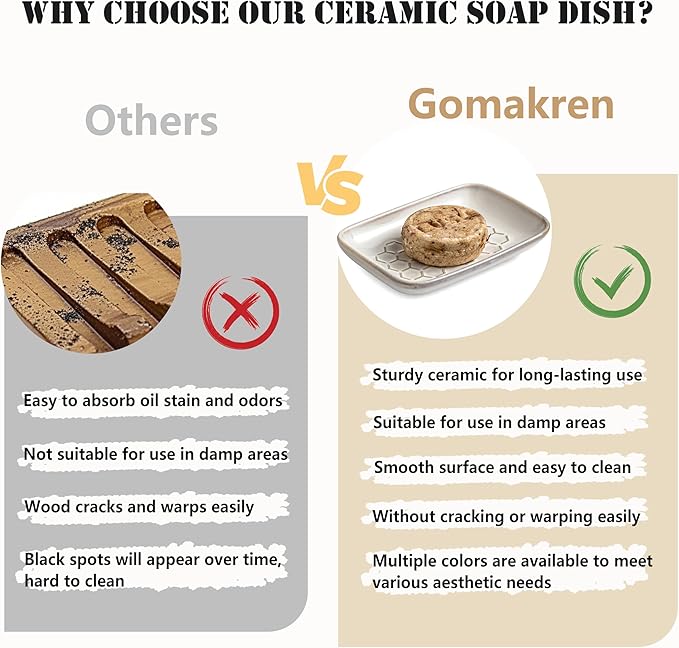 Gomakren Soap Dish for Shower, Bar Soap Holder, Christmas Ceramic Soap Dishes for Bar Soap, Sponge Holder Soap Saver Soap Tray for Bathroom Kitchen Sink, 5.5 Inch, Beige