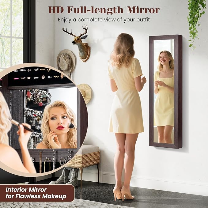 Giantex Wall Mounted Jewelry Cabinet with Full Length Mirror, Over The Door Jewelry Armoire Organizer with Large Storage, Makeup Mirror & Velvet Lining (Brown)