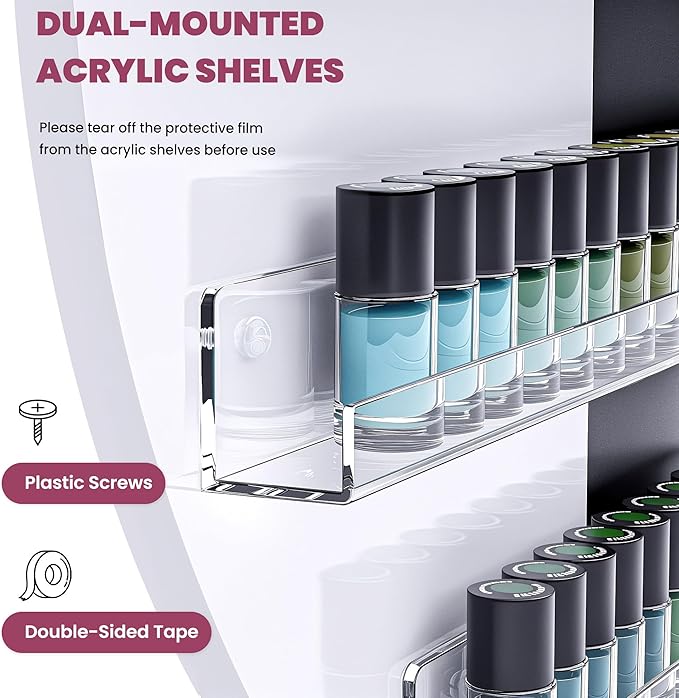Wall Mount Nail Polish Organizer, 2 Packs Wood Nail Polish Rack w/Acrylic Barrier, 5-Tier Round Storage & Display Shelf, Perfume Essential Oil Bottles Holder, White & Black