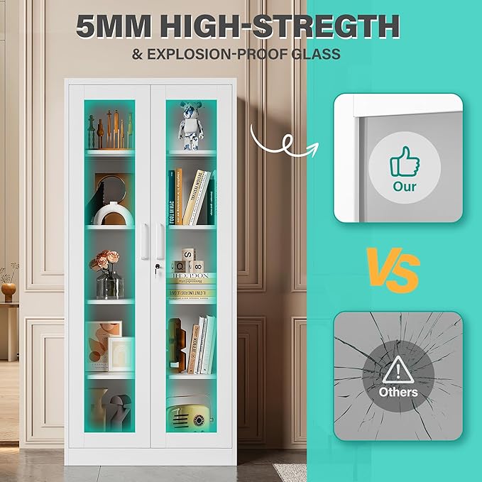 Metal Storage Cabinet with Lock and Glass Doors,Glass Display Cabinet,67" Tall White Storage Cabinets,Locking Curio Cabinets with 5 Shelves for Collectibles,Home,Office,Living Room
