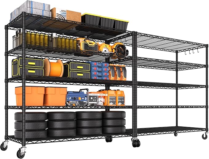 PrimeZone 2 Packs 48" W x 24" D x 81" H Heavy Duty Wire Storage Shelves with Wheels, 5 Tier Adjustable NSF Certified Garage Shelving Unit, Rolling Metal Organizer Shelf Rack for Warehouse, Pantry