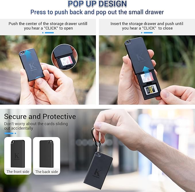 Pop-up Small Memory Card Case Holder for 2 SD SDHC SDXC Cards & 2 CFexpress Type A Cards with Carabiner, Portable Anti-Shock Splash-Proof SD CFA Card Case Storage Protector Organizer Keeper Container