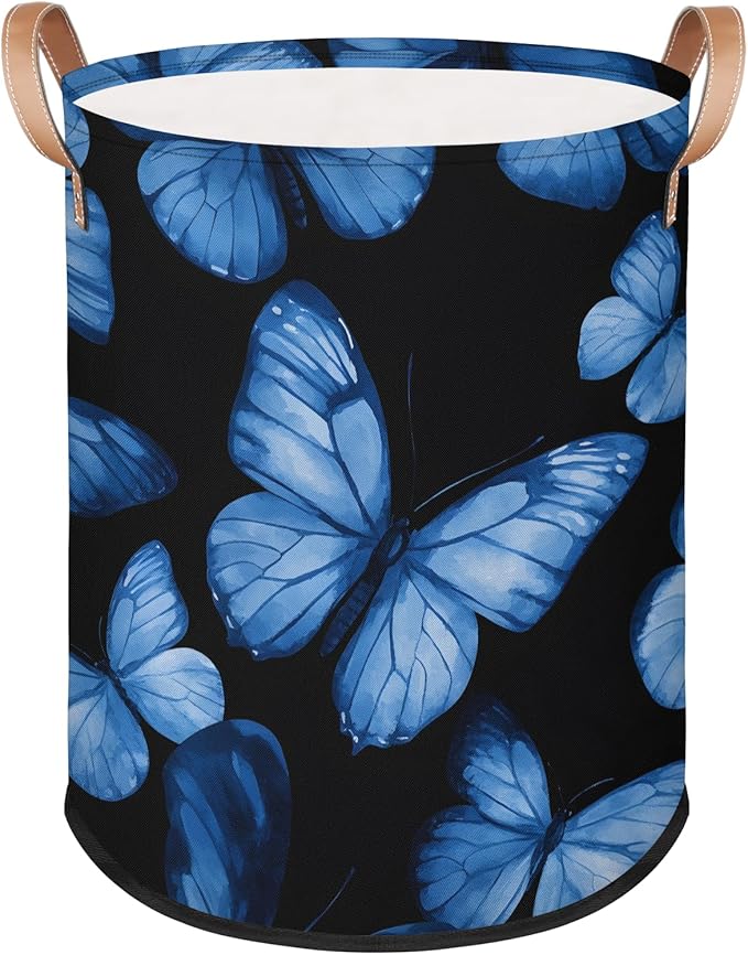 Foldable Laundry Hamper with Elegant Blue Butterfly Pattern - Collapsible Storage Basket for Bedroom, Portable Organizer for Blankets, Toys, Clothes