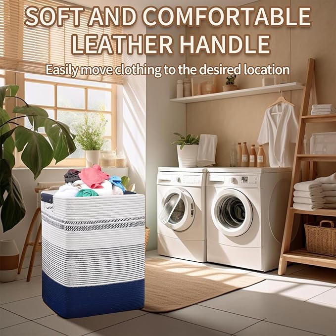 DOFASAYI Laundry Basket - 85L Large Woven Baskets for Storage - Cotton Rope Laundry Hamper, Decorative Storage Basket for Blankets, Clothes Hamper for Living Room, Bedroom, Dark Blue & White