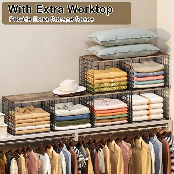 4PCS Wider Closet Organizers and Storage, Stackable Closet Shelf Organizer Storage Bins with Wood Top for Sweaters Jeans, Clothes Organizer Shelves for Wardrobe System Rack, Space-Saving,Sturdy Metal