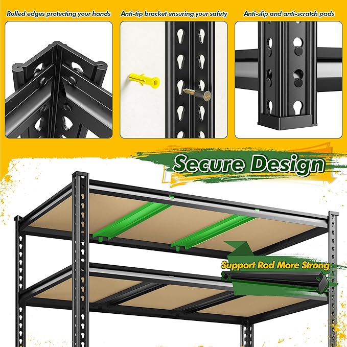 2800 LBS Garage Shelving 72.2" H Garage Storage Shelves, 5 Tier Adjustable Shelving Unit, Storage Shelves for Storage, Basement, Warehouse, Pantry, Kitchen, 48.1" W x 24.1" D x 72.2" H, Black