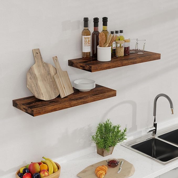 24 Inch Floating Shelves for Wall 2 Pack for Bedroom|Kitchen|Bathroom, Wall Mounted Rustic Wood Shelves, 9.3 Inch deep Floating Shelf with Invisible Brackets for Books|Storage|Decor,Rustic Brown